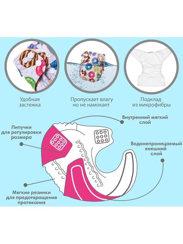 Трусики-подгузник, многоразовый, угольно-бамбуковая ткань, «Пончики», от 0-12 мес.