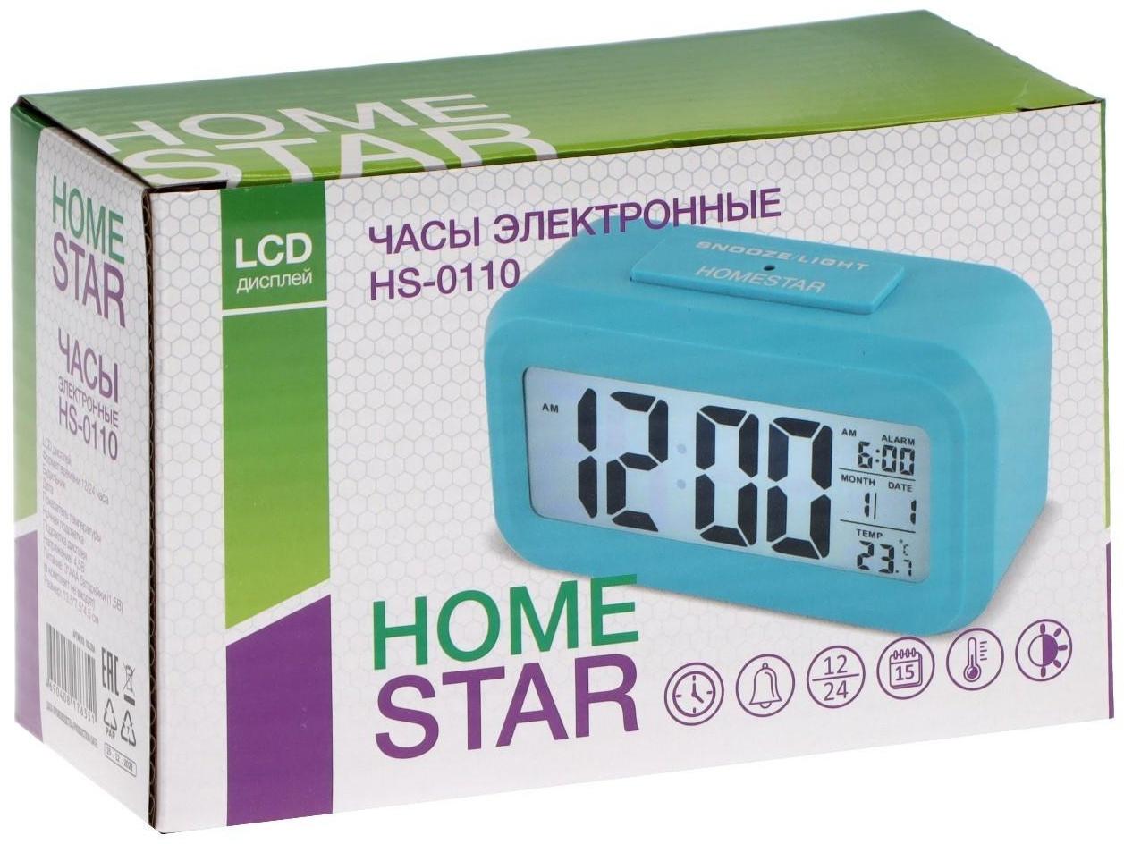 Часы HOMESTAR HS-0110, будильник, температура, подсветка, 3хААА, синие