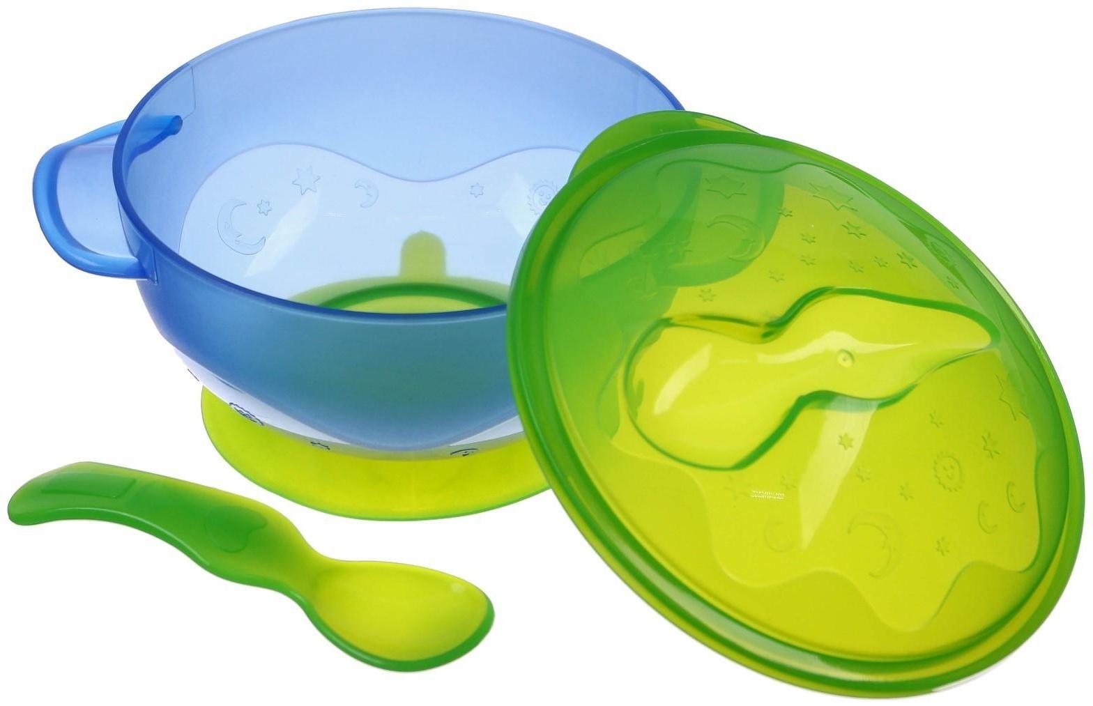 Набор для кормления: миска на присоске с крышкой, ложка, цвет голубой
