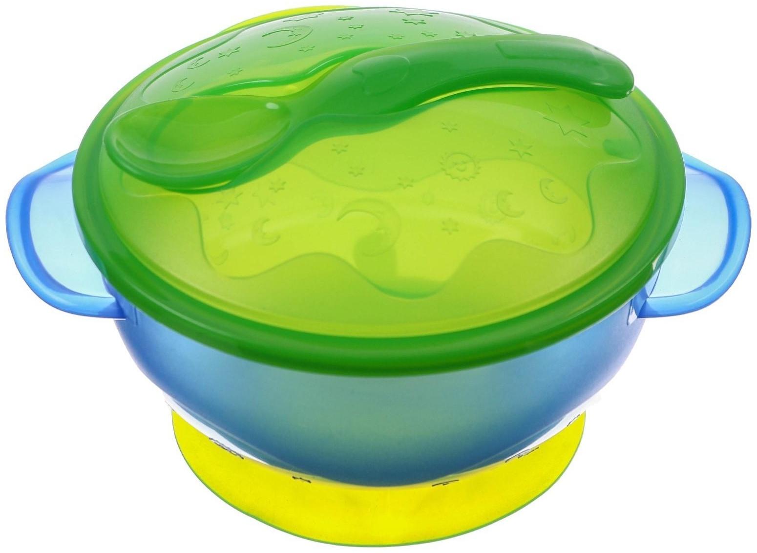Набор для кормления: миска на присоске с крышкой, ложка, цвет голубой