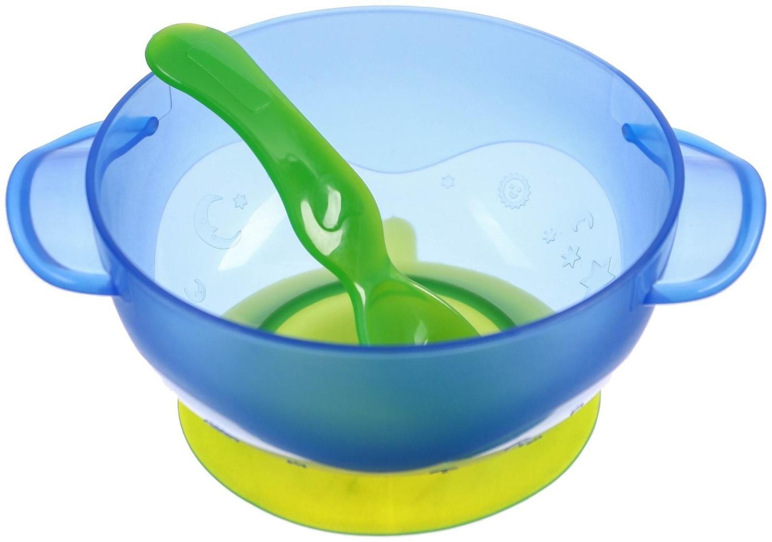 Набор для кормления: миска на присоске с крышкой, ложка, цвет голубой