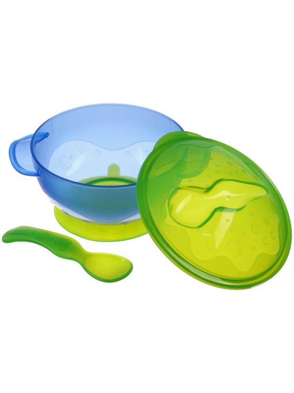 Набор для кормления: миска на присоске с крышкой, ложка, цвет голубой