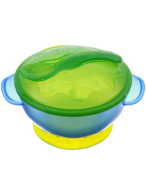 Набор для кормления: миска на присоске с крышкой, ложка, цвет голубой