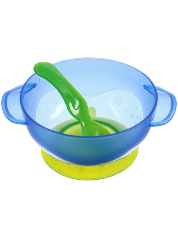 Набор для кормления: миска на присоске с крышкой, ложка, цвет голубой