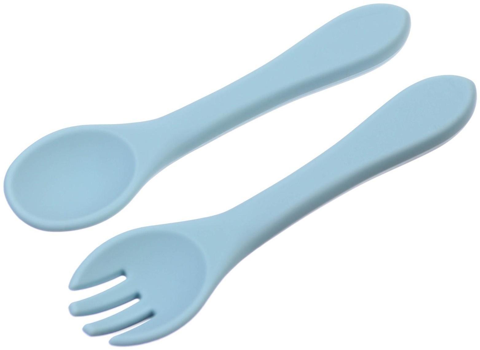 Набор для кормления: миска, вилка, ложка, цвет голубой