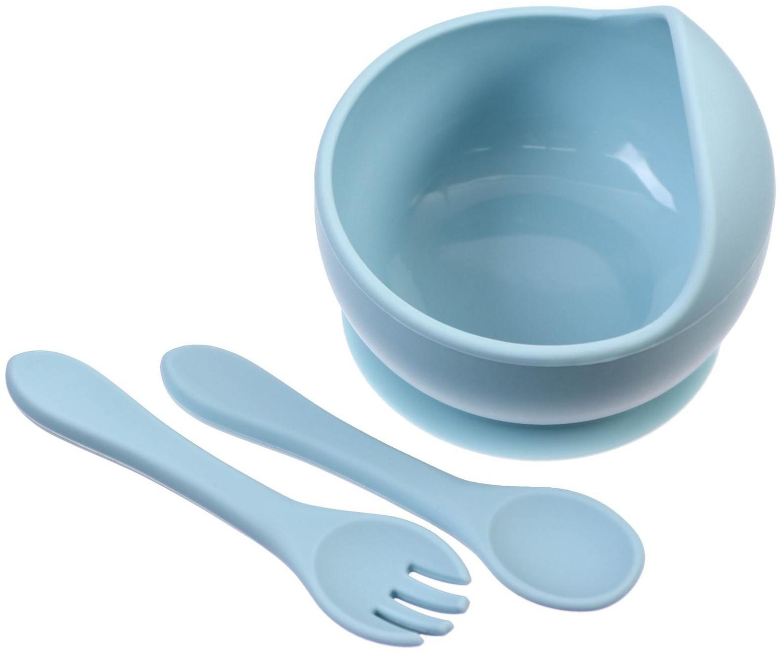 Набор для кормления: миска, вилка, ложка, цвет голубой