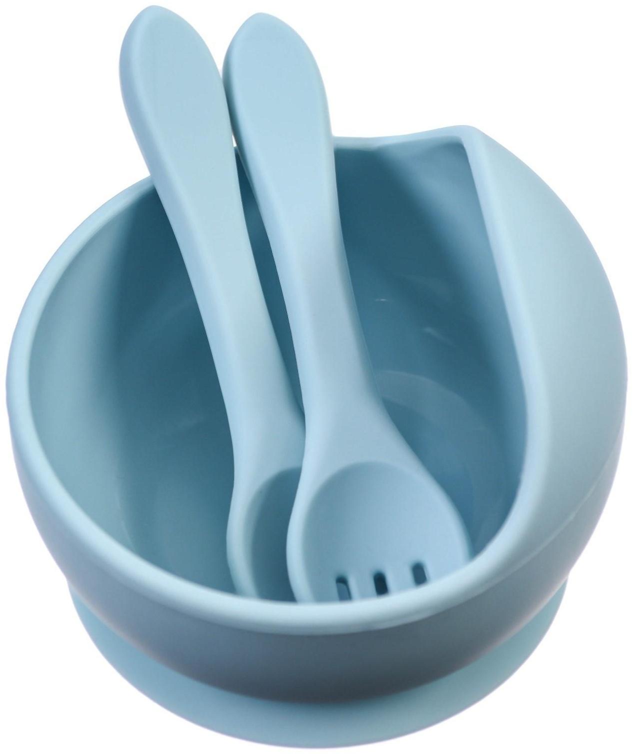 Набор для кормления: миска, вилка, ложка, цвет голубой