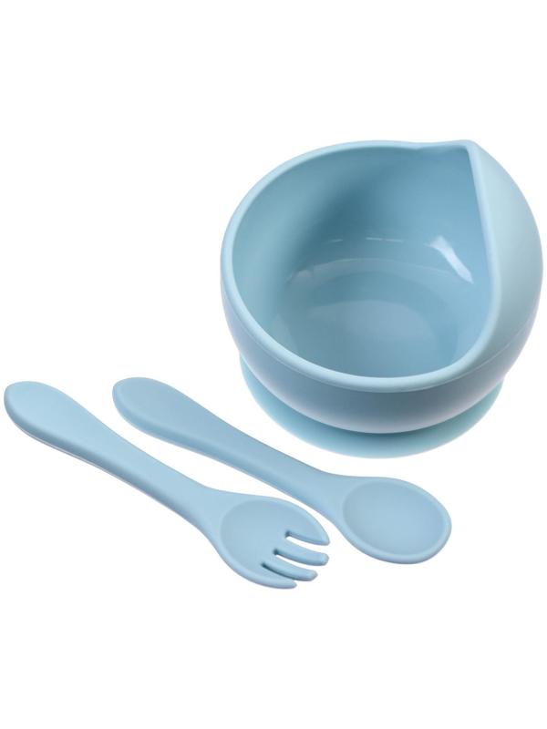 Набор для кормления: миска, вилка, ложка, цвет голубой