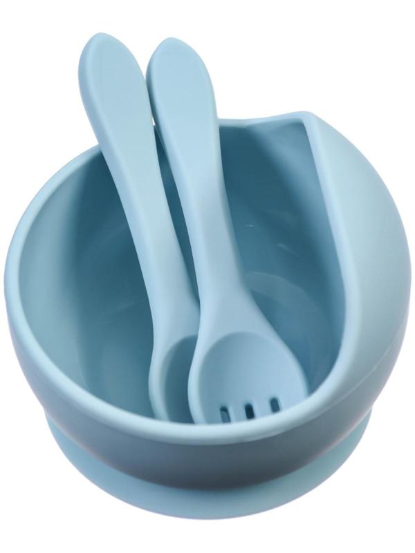 Набор для кормления: миска, вилка, ложка, цвет голубой