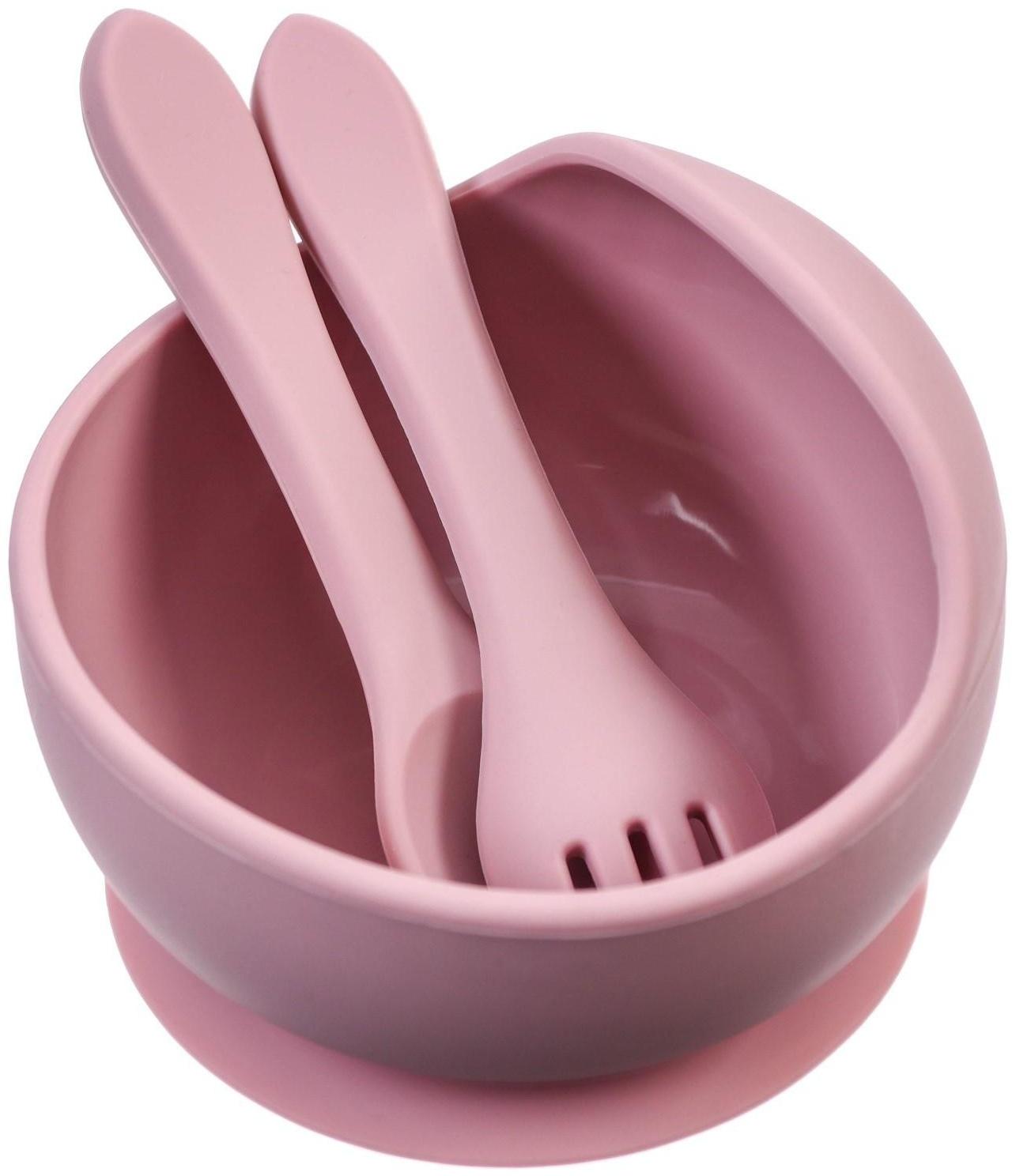 Набор для кормления: миска, вилка, ложка, цвет розовый