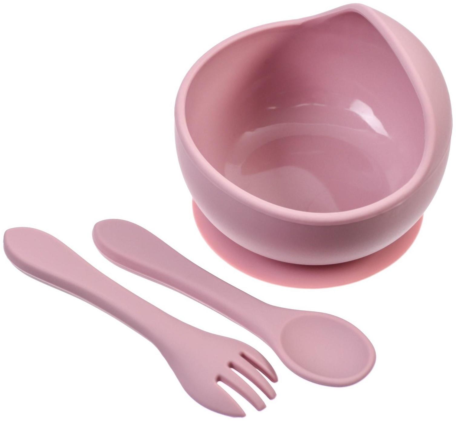 Набор для кормления: миска, вилка, ложка, цвет розовый