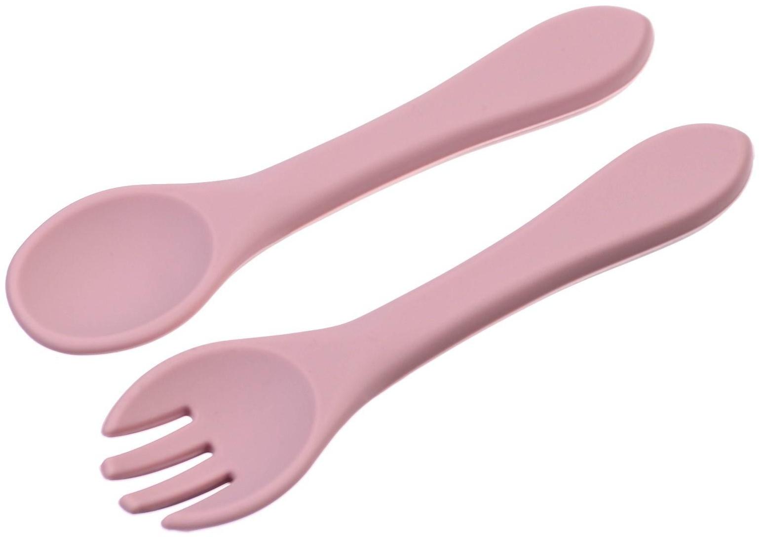 Набор для кормления: миска, вилка, ложка, цвет розовый