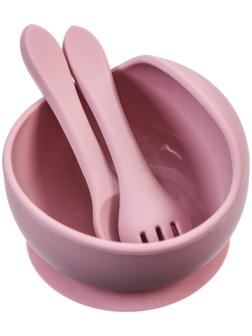Набор для кормления: миска, вилка, ложка, цвет розовый