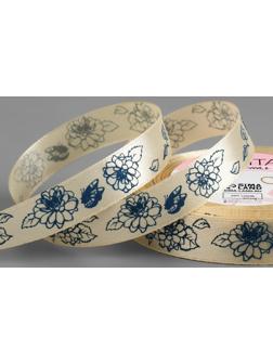 Лента атласная «Пионы», 15 мм × 23 ± 1 м, цвет сливочный/синий №002
