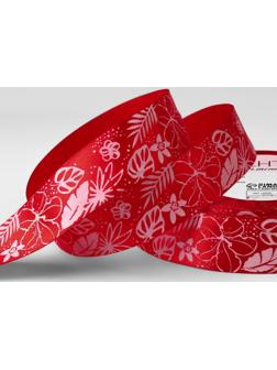 Лента атласная «Тропики», 25 мм × 23 ± 1 м, цвет красный/белый №026