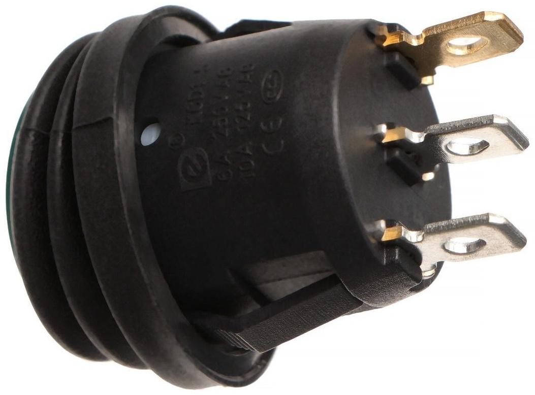 Переключатель влагозащищенный круглый зелёный с подсветкой, 250 В, 6 А, 3 контакта