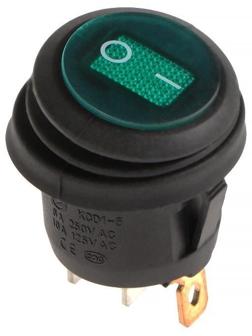 Переключатель влагозащищенный круглый зелёный с подсветкой, 250 В, 6 А, 3 контакта