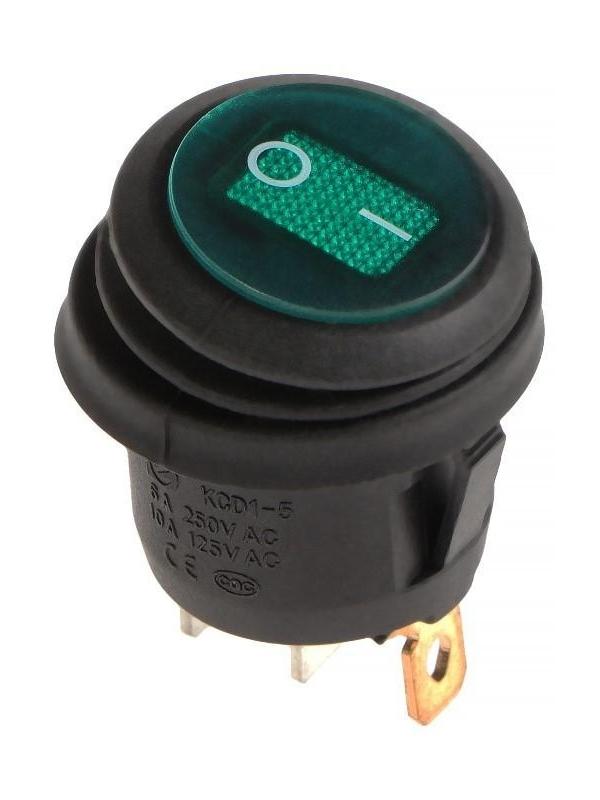 Переключатель влагозащищенный круглый зелёный с подсветкой, 250 В, 6 А, 3 контакта