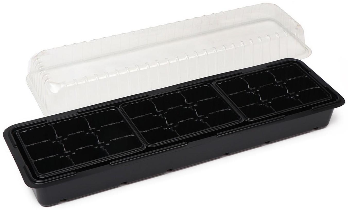 Мини-парник для рассады, 57 × 17 × 12 см, 3 вставки, 27 ячеек, чёрный