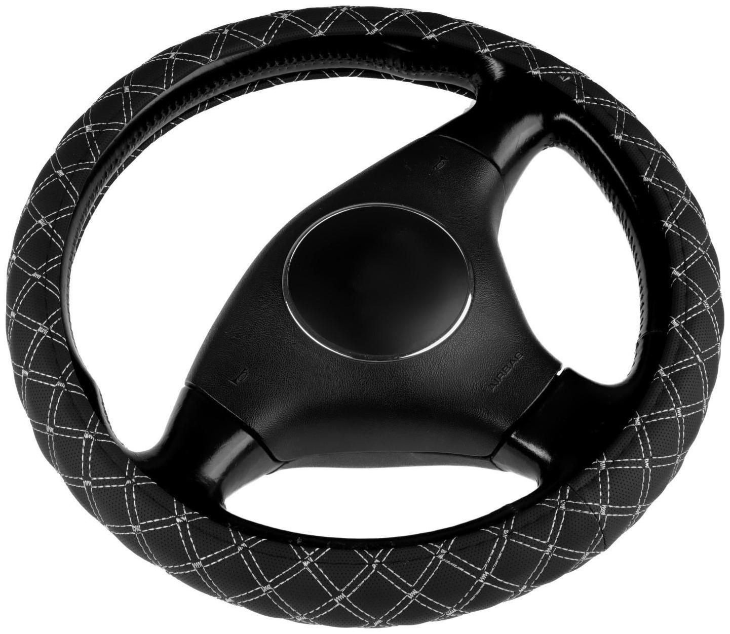 Оплетка на руль Nova Bright экокожа, прострочка серый ромб, черная, размер L