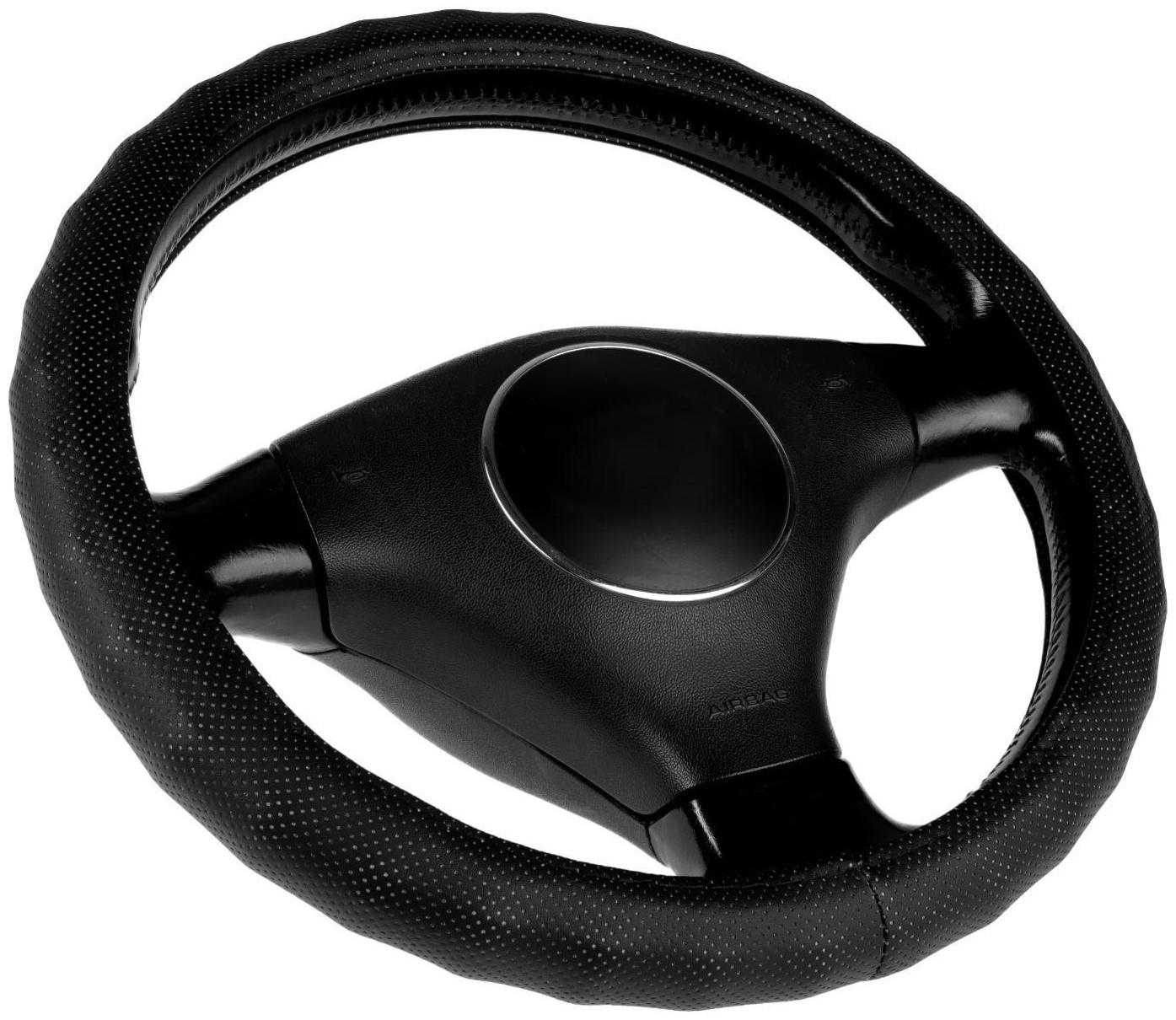 Оплетка на руль Nova Bright экокожа, черная, ребристая, перфорация, размер М