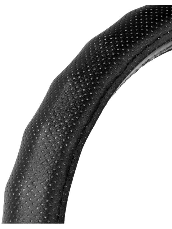 Оплетка на руль Nova Bright экокожа, черная, ребристая, перфорация, размер М