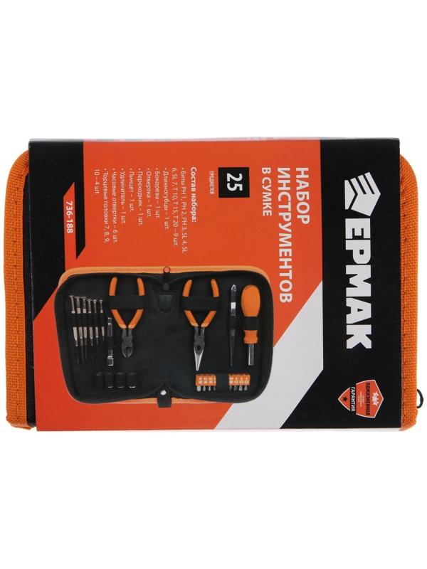 Набор бит и торцевых головок ЕРМАК, 736-188, с воротками и адаптерами, кейс папка, 25 шт