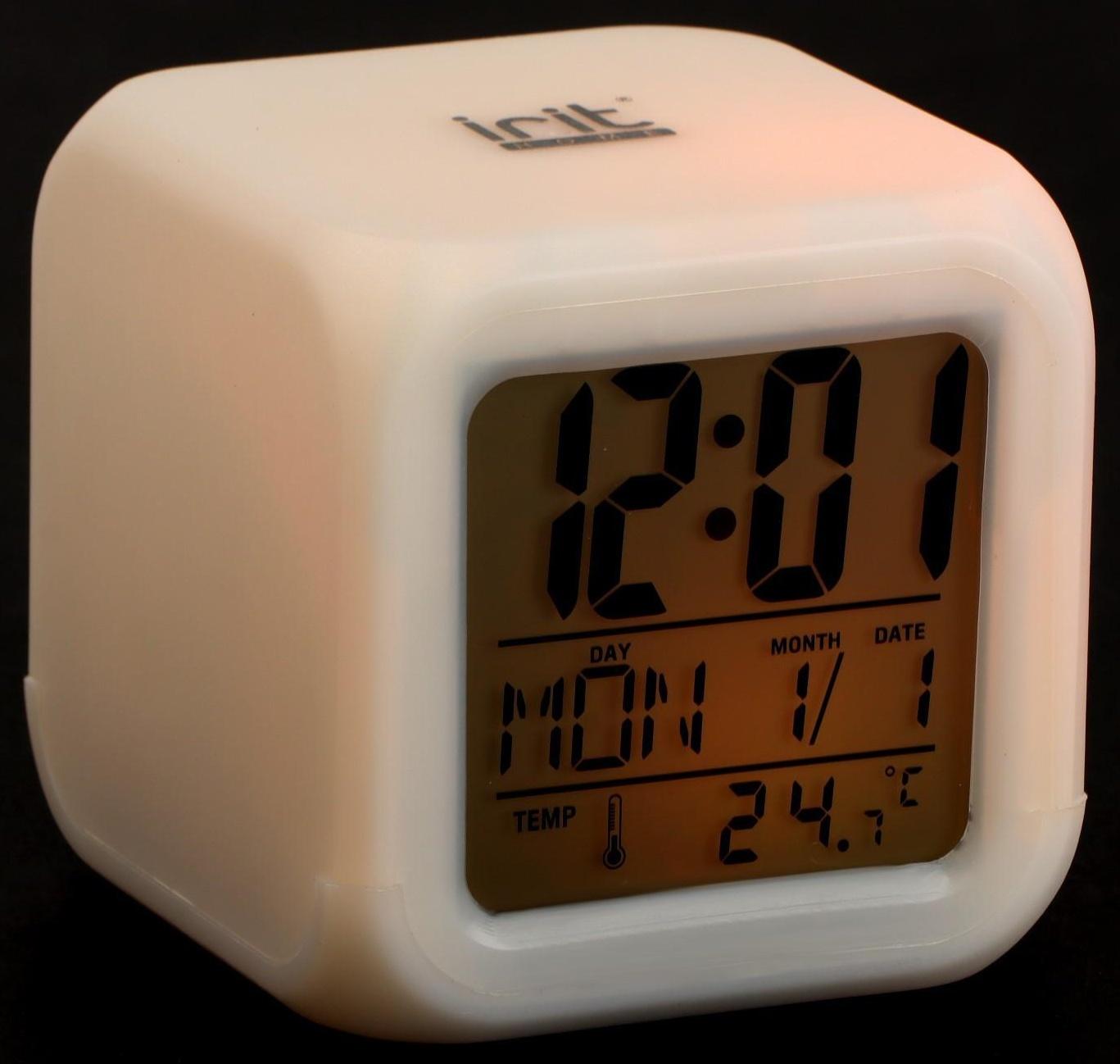 Часы-будильник Irit IR-600, календарь, температура, подсветка, 3хААА, белые