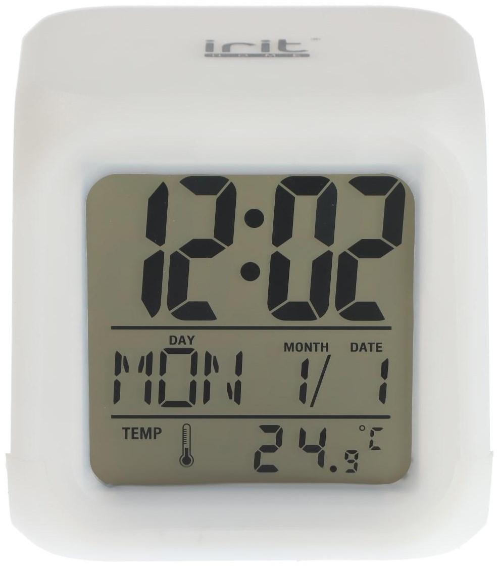 Часы-будильник Irit IR-600, календарь, температура, подсветка, 3хААА, белые