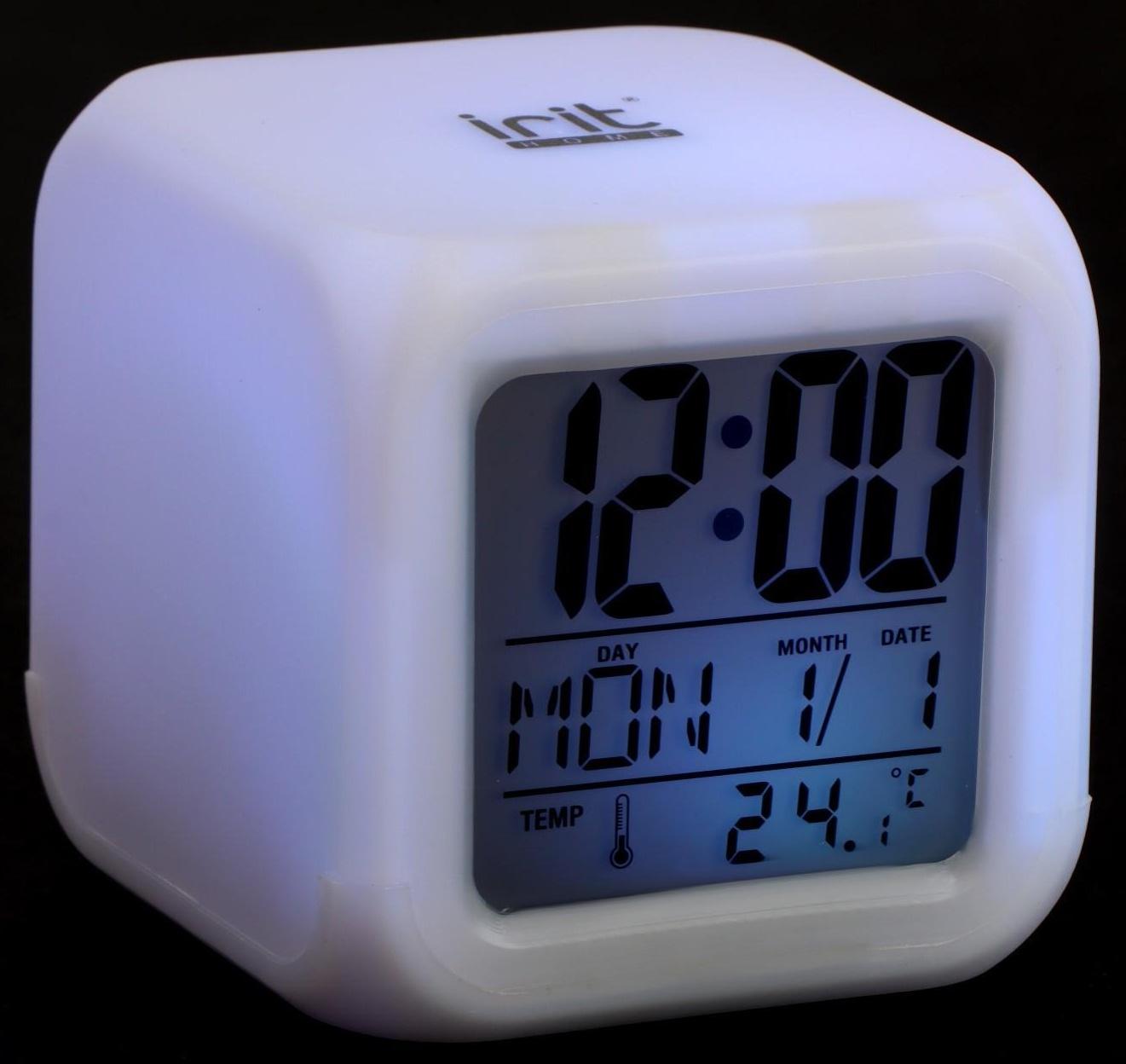 Часы-будильник Irit IR-600, календарь, температура, подсветка, 3хААА, белые