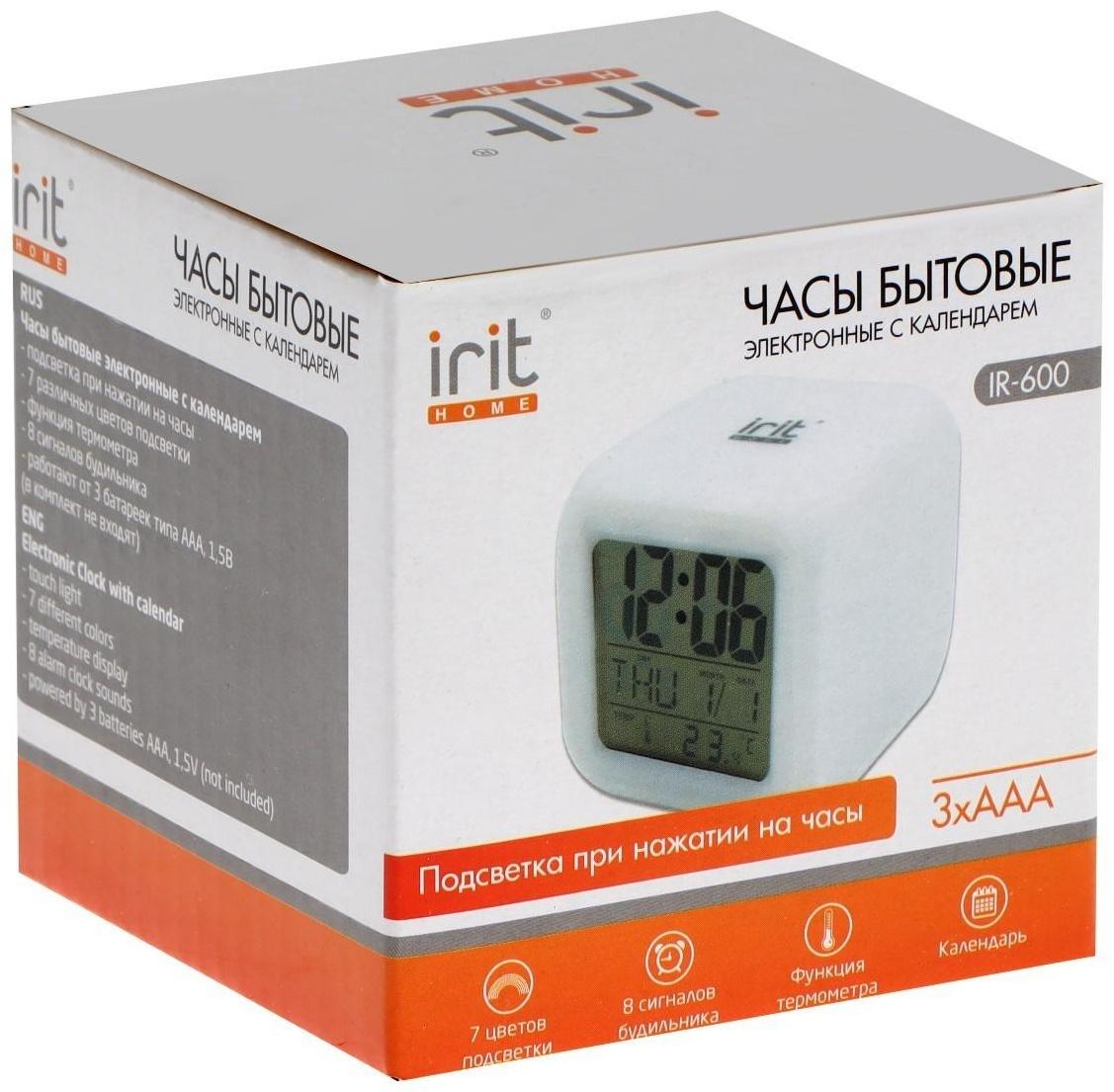 Часы-будильник Irit IR-600, календарь, температура, подсветка, 3хААА, белые