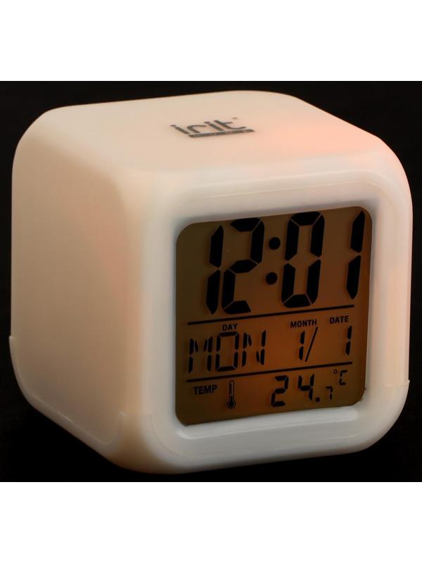 Часы-будильник Irit IR-600, календарь, температура, подсветка, 3хААА, белые