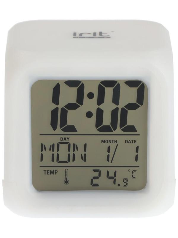 Часы-будильник Irit IR-600, календарь, температура, подсветка, 3хААА, белые