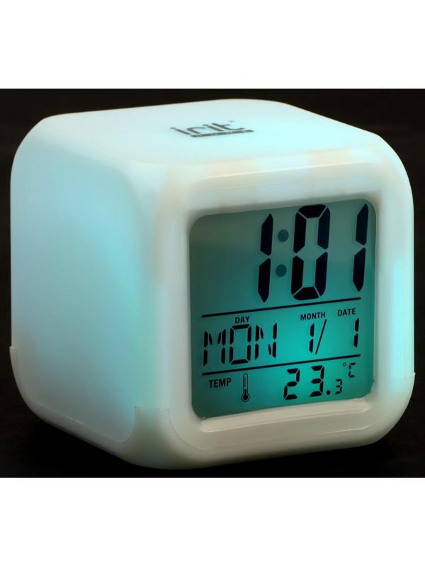 Часы-будильник Irit IR-600, календарь, температура, подсветка, 3хААА, белые