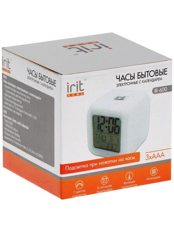 Часы-будильник Irit IR-600, календарь, температура, подсветка, 3хААА, белые