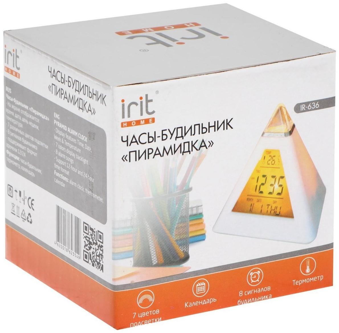 Часы-будильник Irit IR-636, термометр, календарь, подсветка, 3хААА, белые