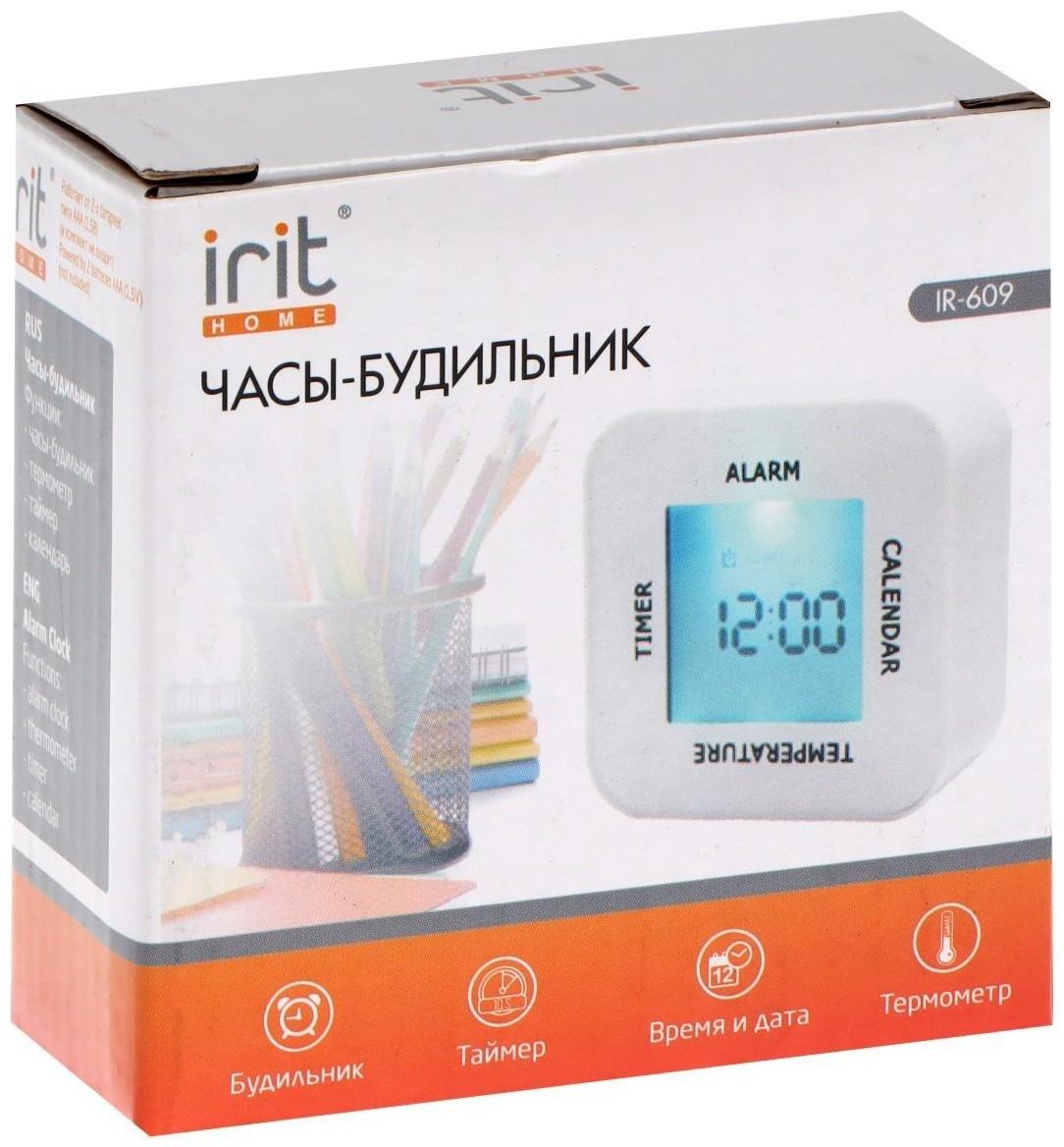 Часы-будильник Irit IR-609, термометр, календарь, таймер, подсветка, 2хАА, белые