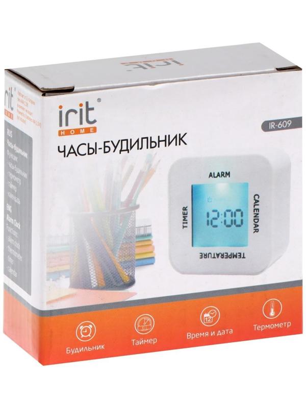 Часы-будильник Irit IR-609, термометр, календарь, таймер, подсветка, 2хАА, белые