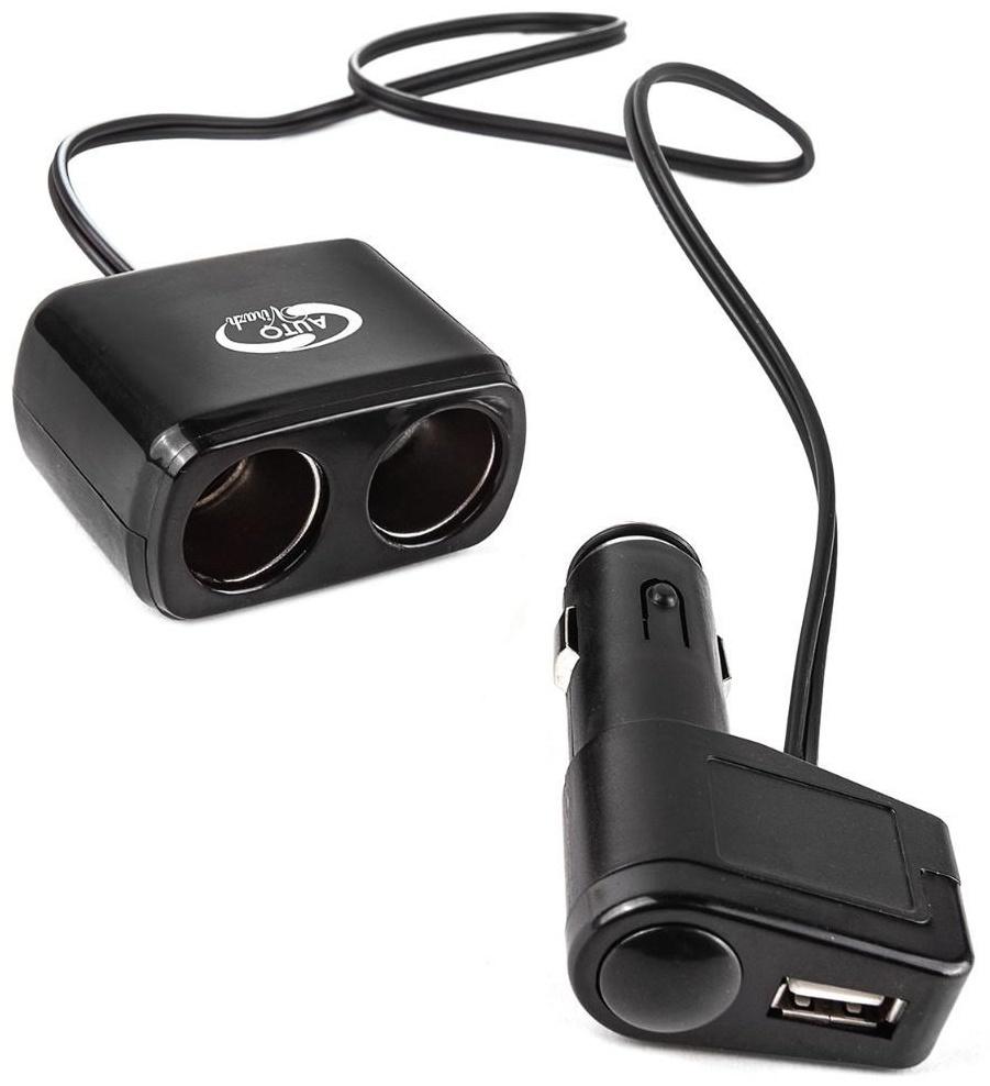 Разветвитель прикуривателя Autovirazh 1000мА, 12/ 24 В,  на 2 устройства +1 USB 5V