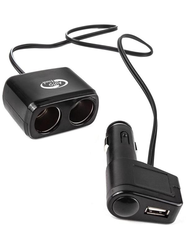 Разветвитель прикуривателя Autovirazh 1000мА, 12/ 24 В,  на 2 устройства +1 USB 5V