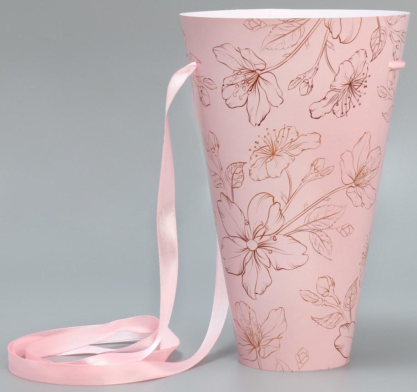 Конусный пакет круглый складной на лентах «Цветы», 15 × 23.3 × 7.5 см