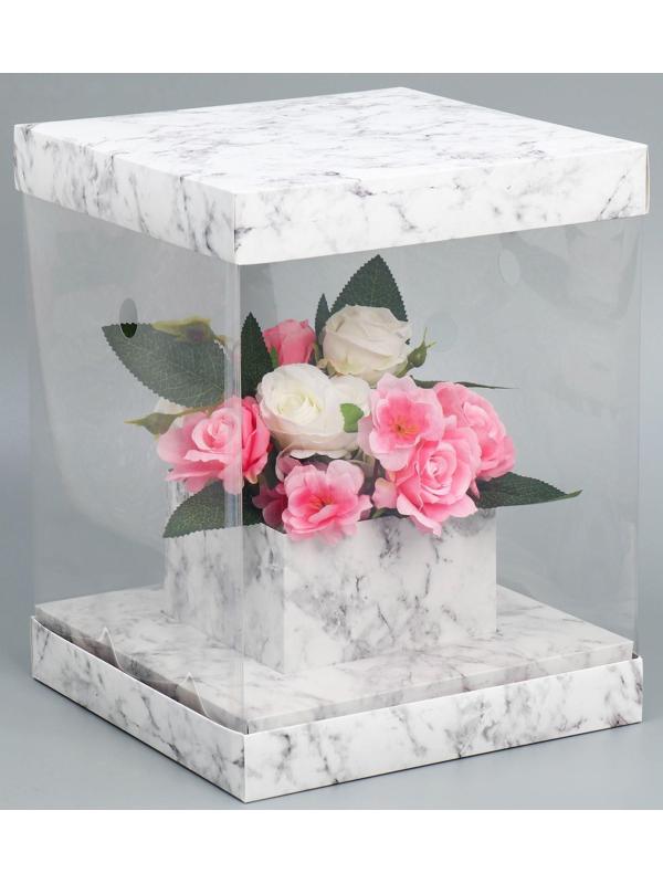 Коробка для цветов с вазой и PVC окнами складная «Мрамор», 23 х 30 х 23 см