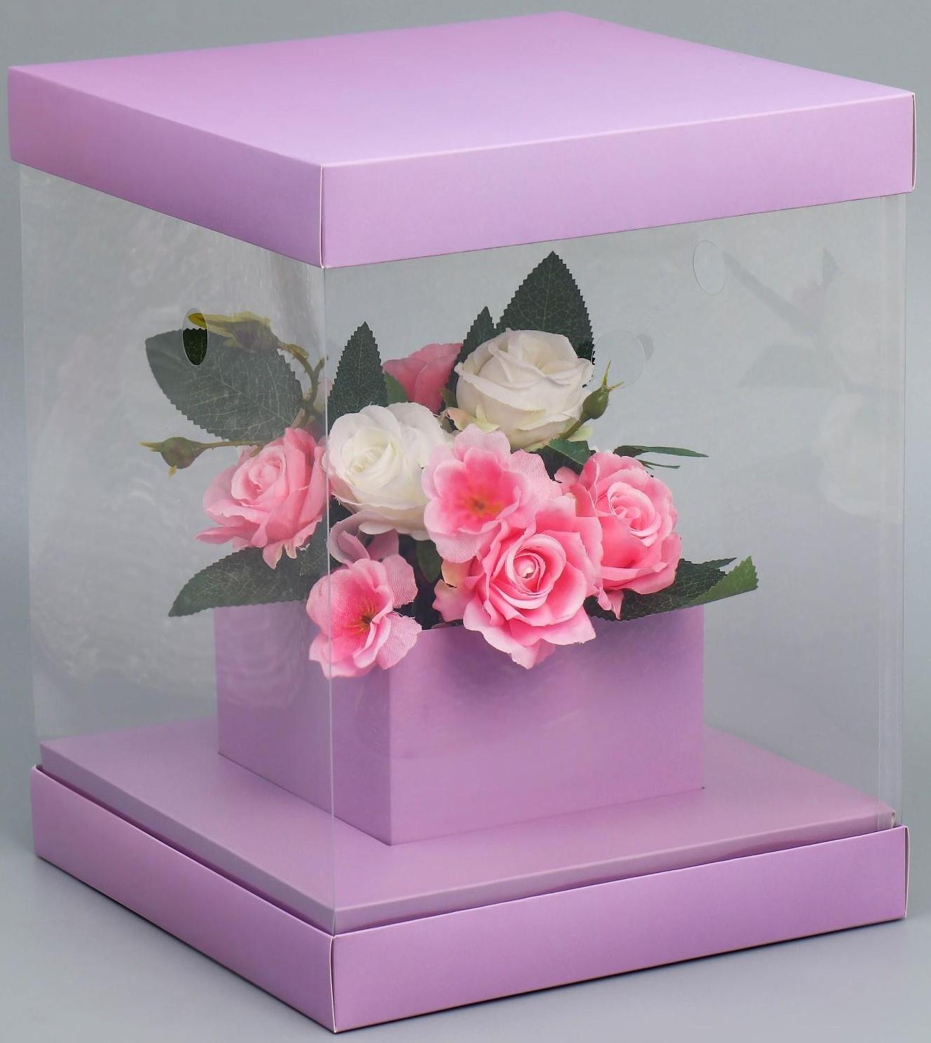 Коробка для цветов с вазой и PVC окнами складная «Лаванда», 23 х 30 х 23 см
