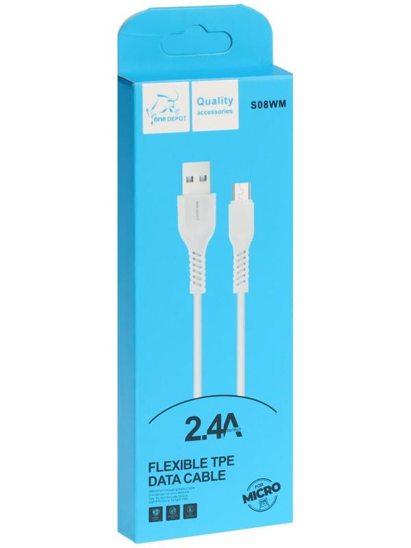 Кабель ONE DEPOT S08WM, microUSB - USB, 2.4 А, 1 метр, белый