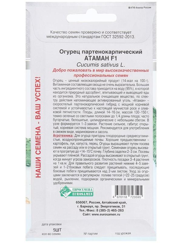 Семена Огурец партенокарпик Атаман F1, 5 шт