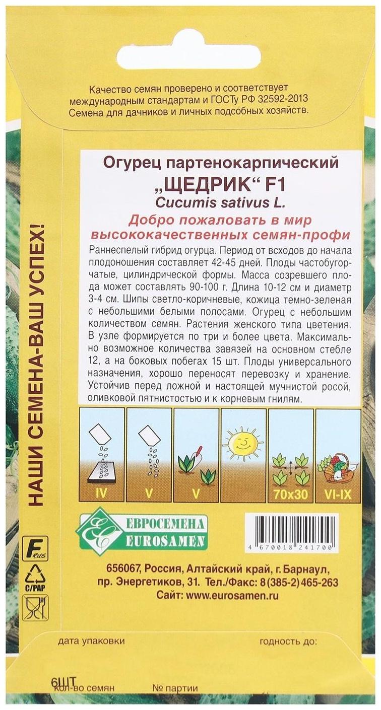 Семена Огурец партенокарпик ЩЕДРИК F1, 6 шт