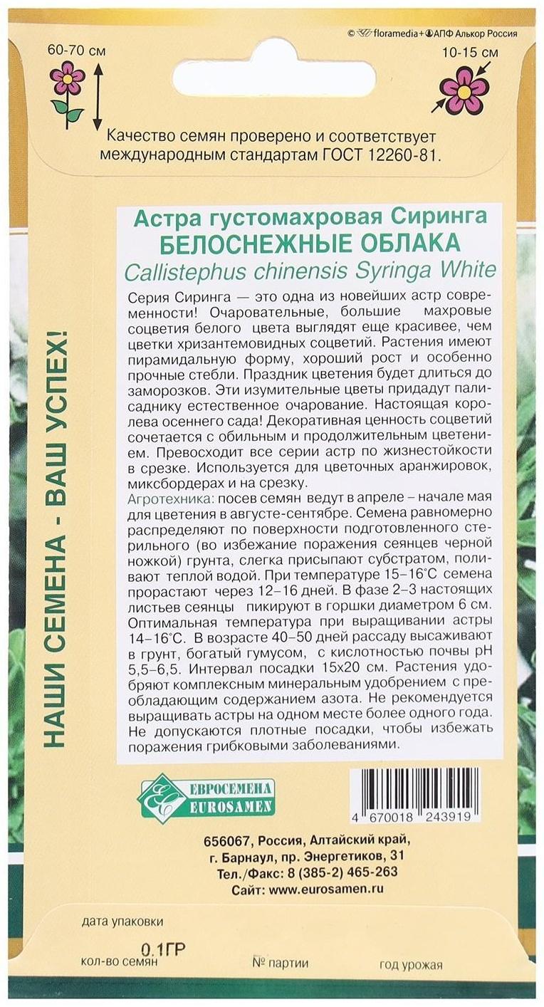 Семена Цветов Астра Сиринга Белоснежные Облака, 0,1 г