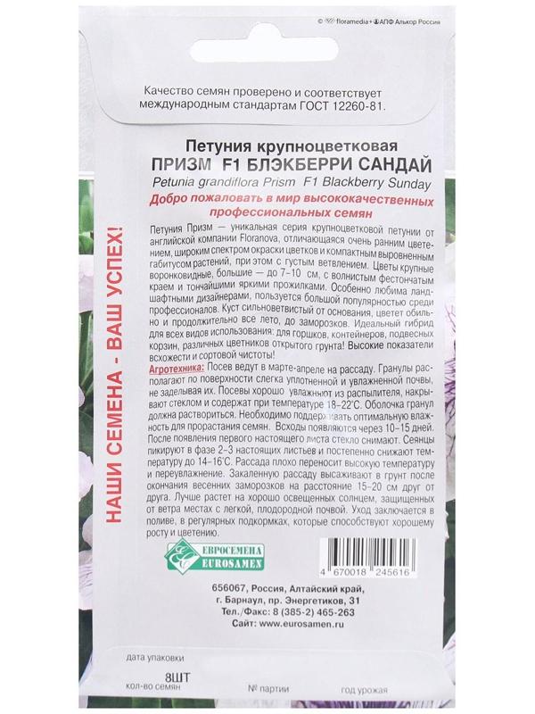 Семена Цветов Петуния крупноцветковая Призм Блекберри Сандай F1, 8 драже