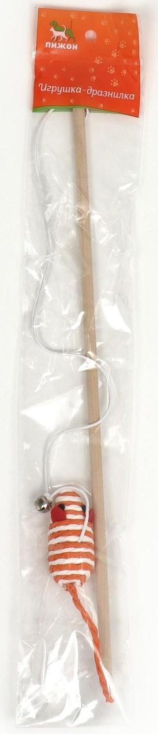 Дразнилка-удочка с мышью на деревянной ручке, оранжевая/белая