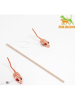Дразнилка-удочка с мышью на деревянной ручке, оранжевая/белая